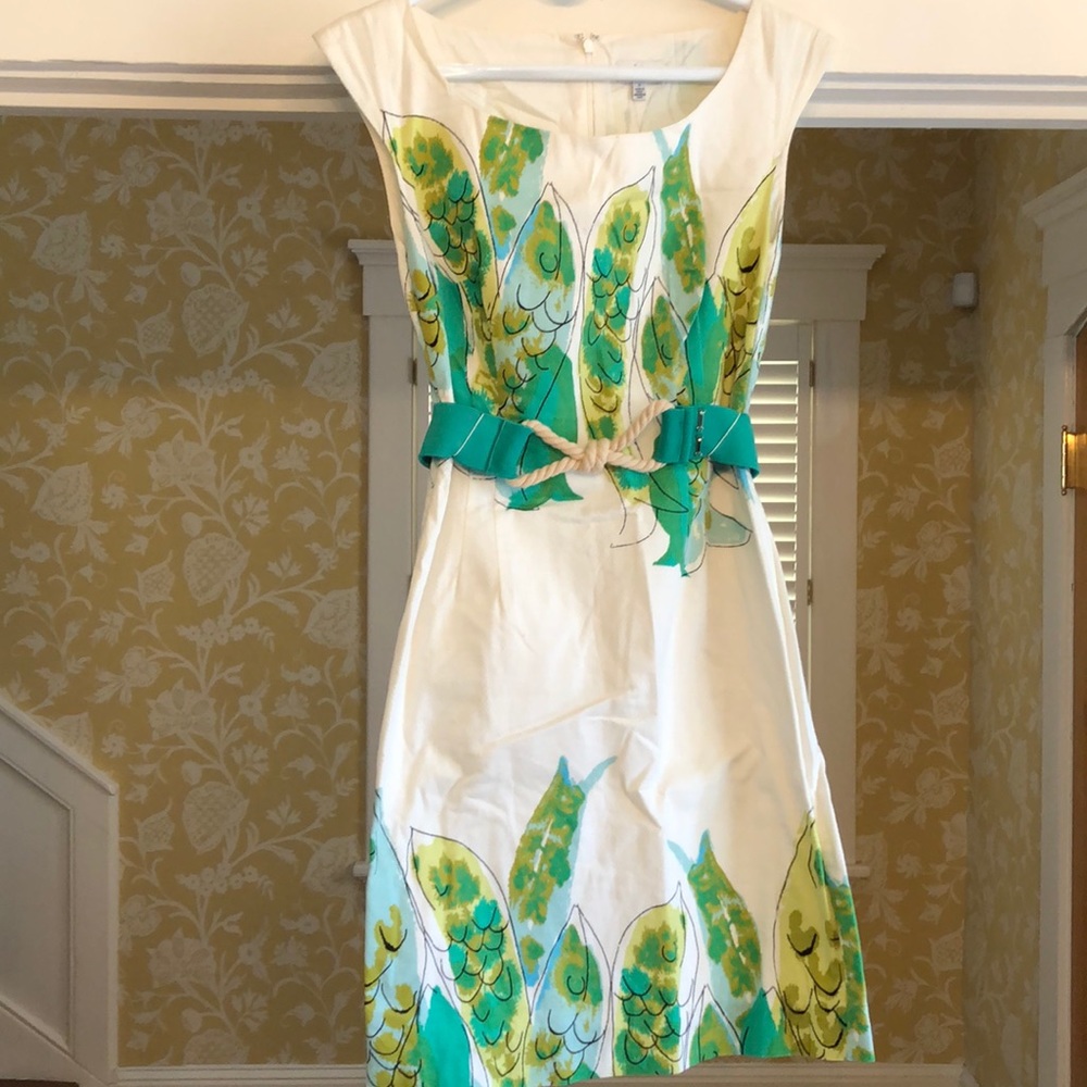 Anthropologie White and Green Leaf Print Dress